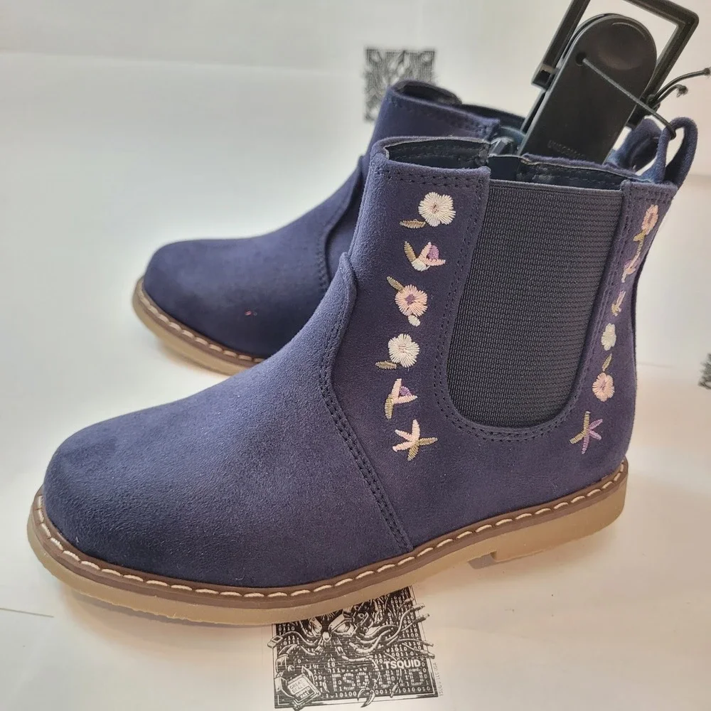 Floral Chelsea Boots Kids Blue Embroidered Ankle‎ Boots Toddler Girls Size 10